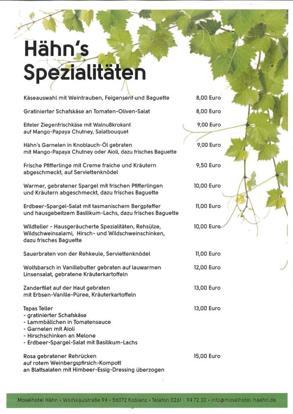 Speisekarte Mythos Mosel